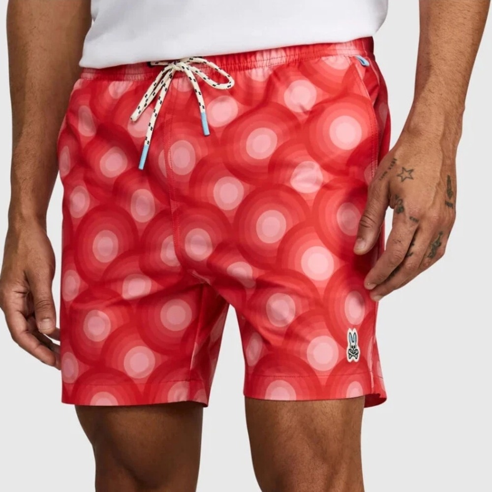 Psycho Bunny Men's Neon Red Elgin Geometric‎ Print Swim Trunks Small